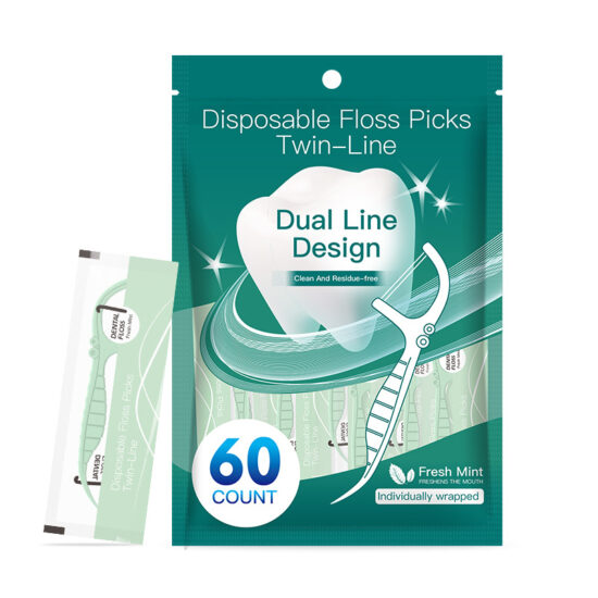 60-count individually wrapped mint dental floss picks with double-line design in English export packaging