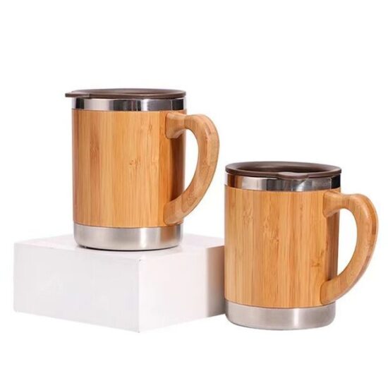Stainless steel insulated tea mug with bamboo sleeve and handle – eco-friendly business gift

