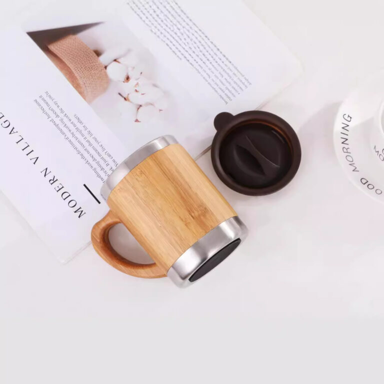 Stainless steel insulated tea mug with bamboo sleeve and handle – eco-friendly business gift