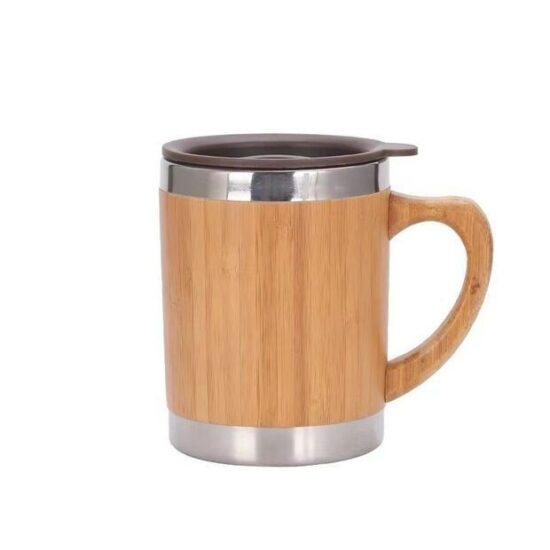Stainless steel insulated tea mug with bamboo sleeve and handle – eco-friendly business gift

