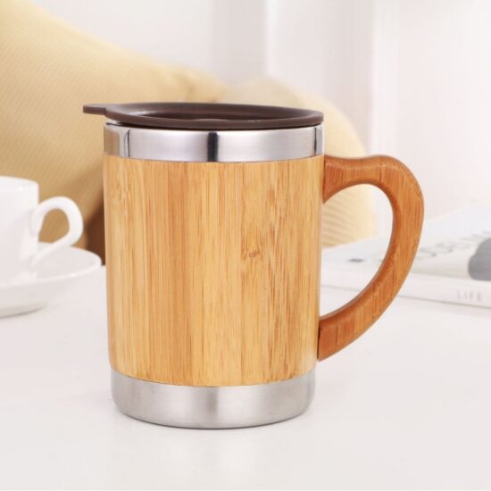 Stainless steel insulated tea mug with bamboo sleeve and handle – eco-friendly business gift


