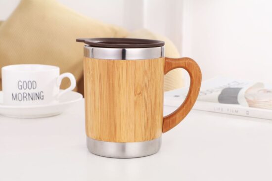 Stainless steel insulated tea mug with bamboo sleeve and handle – eco-friendly business gift

