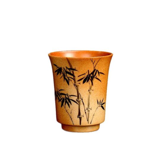 Handmade wood-fired ceramic tea cup with bamboo bell shape and brushwork