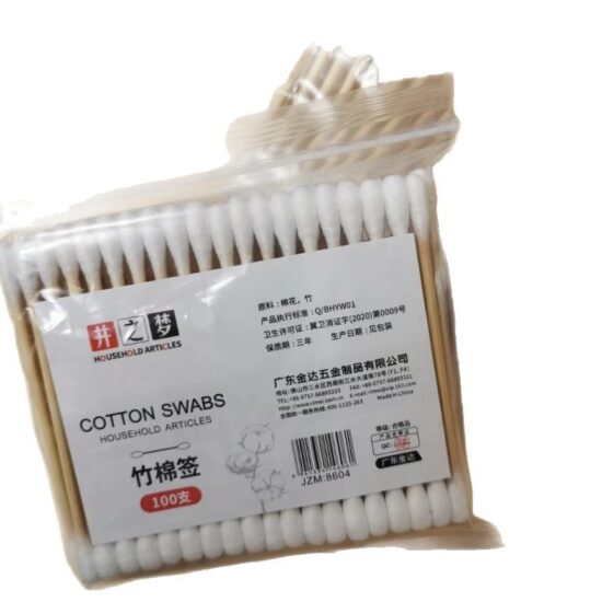 Double-ended bamboo cotton swabs with pointed and round tips in round plastic container