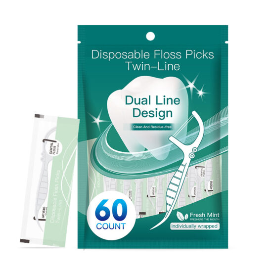 60-count individually wrapped mint dental floss picks with double-line design in English export packaging